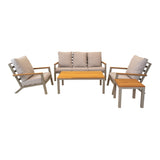 Loungeset met beige kussens, bank en 2 fauteuils met houten salontafel en bijzet