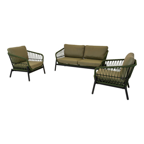 Olijfgroene loungeset met metalen draadframe en dikke kussens: 2 stoelen en bank.