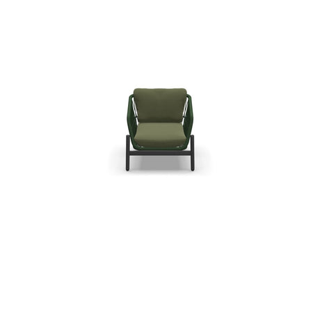 Olijfgroene lounge stoel met draadframe en zitkussen, zijkantaanzicht.