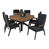 Driehoekige houten eettafel met zwarte kruispoot en 4 donkergrijze stoelen