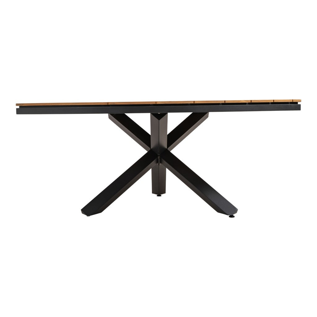 Driehoekige houten tafel met zwart frame en kruispoot; zicht op onderzijde