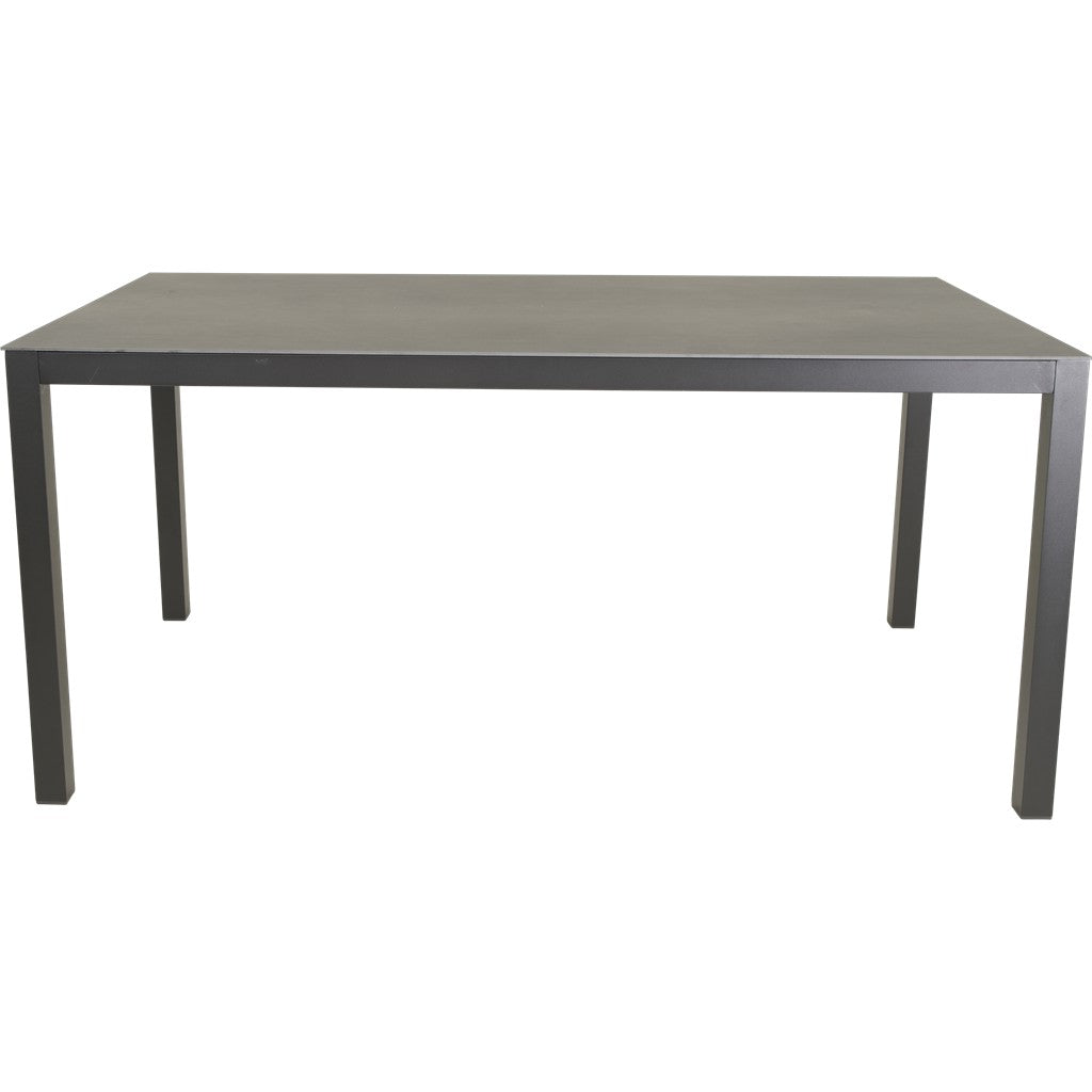Rechthoekige eettafel met donkergrijs blad en smalle, rechte zijpoot.