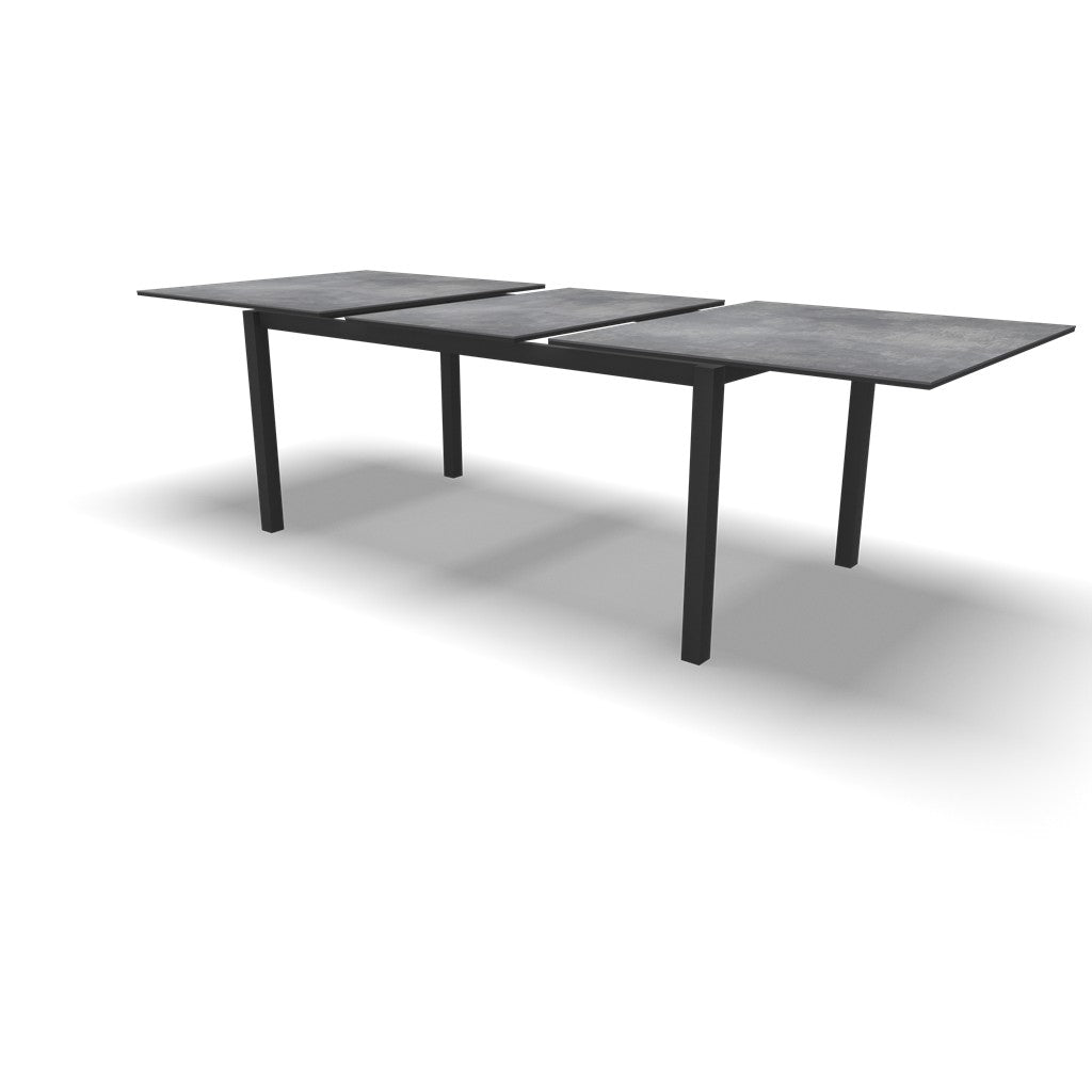 Uittrektafel met open middelstuk en vierkante poten, betonkleurig blad