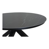 Close-up van rond grijs tafelblad met marmerlook en zwart onderstel