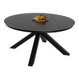 Ronde tafel met donkergrijs blad en zwart frame, schaal met fruit op het blad