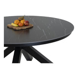 Ronde tafel donkergrijs met marmerlook blad en zwart onderstel, fruit op schoteltje