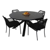 Ronde eettafel met donkergrijs blad en zwart onderstel met vier bijpassende stoelen