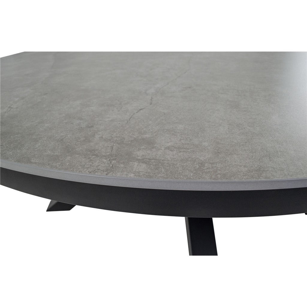 Rond tafelblad met betonlook textuur in lichtgrijs, met donkere rand