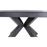 Ronde tafel met zwarte kruispoten en dikke zijbalken onder het blad