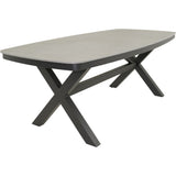 Ovale eettafel met lichtgrijs blad en zwart onderstel in kruispootvorm