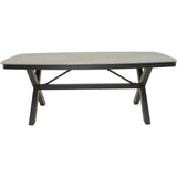 Ovale eettafel met lichtgrijs blad en zwart frame, twee zijpoten