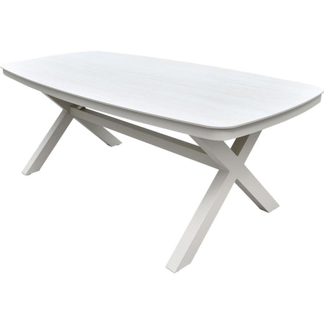 Crème ovale eettafel 200x100 cm met afgeronde rand en witte kruispoot