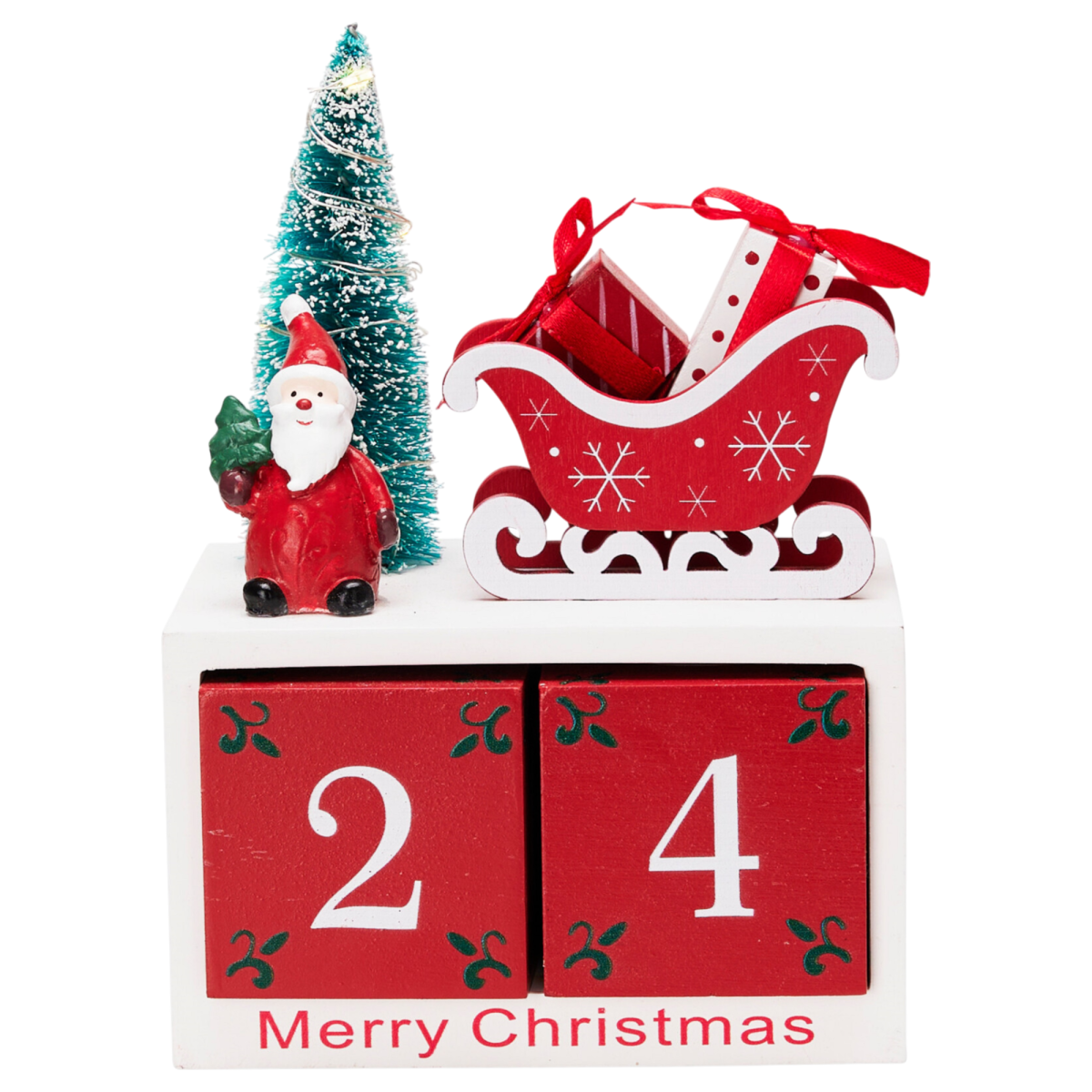 Adventkalender met LED-verlichting: blokken 2 en 4, kerstman in slee met kerstboom