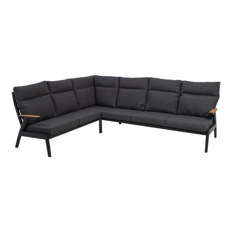 Zithoekset met donkergrijze hoekbank, aluminium frame en dikke kussens