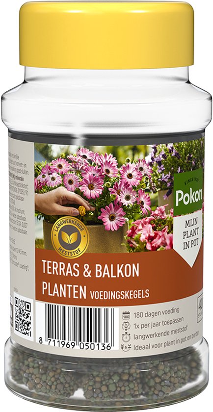 Pokon terras- en balkonplanten voedingskegels, pot met gele dop en voorkantlabel
