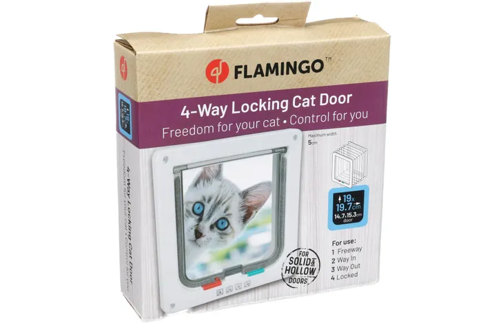 Verpakking van wit 4-standen kattenluik van Flamingo met 4-way vergrendeling