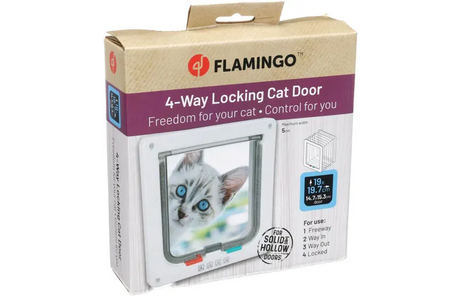 Verpakking van wit 4-standen kattenluik van Flamingo met 4-way vergrendeling