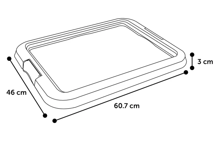 Diagram van trainingsbak met afmetingen 60,7×46×3 cm en opstaande rand
