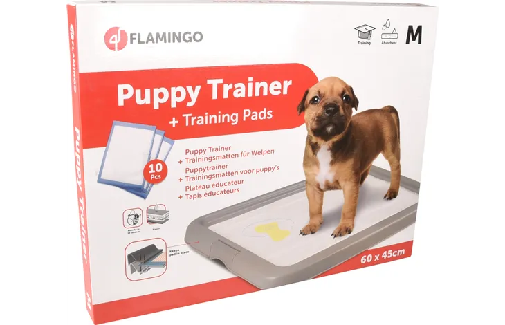 Verpakking met trainingsmatten en grijze opvangbak voor hond