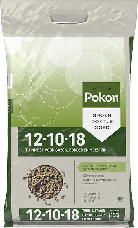 Tuinmestzak Pokon 12-10-18, met indicatie 3,75 kg en afbeelding korrels