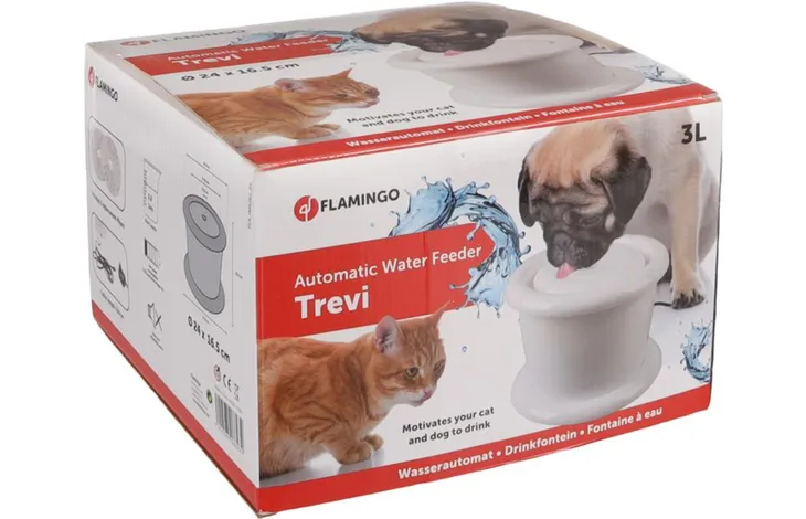 Witte automatische drinkfontein met 3 liter inhoud voor huisdieren, op doos