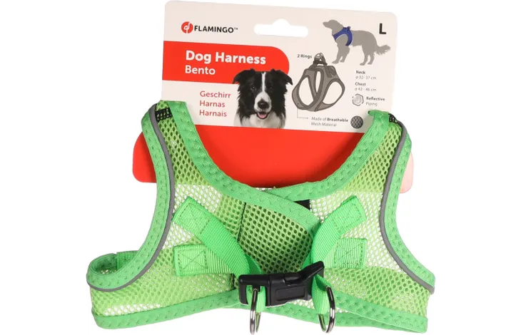 Groen hondenharnas Bento met mesh, voorband en metalen sluiting, in verpakking