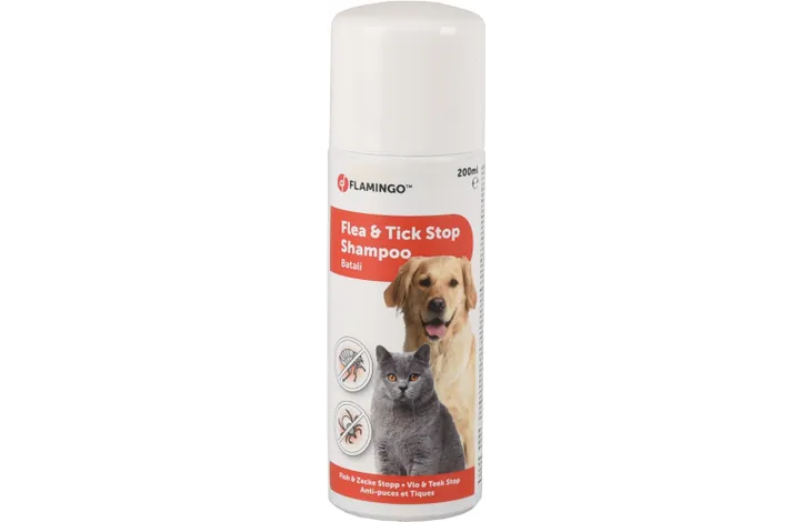 Flamingo anti-vlooien en teken shampoo fles voor honden, 200 ml, met hondafbeelding