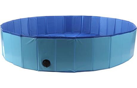 Rond blauw zwembad 160x30 cm met zwarte waterafvoer in de wand