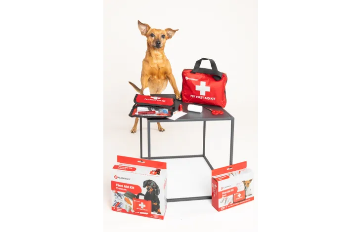 EHBO-kit set voor huisdieren: rode tassen en verpakkingen op tafel