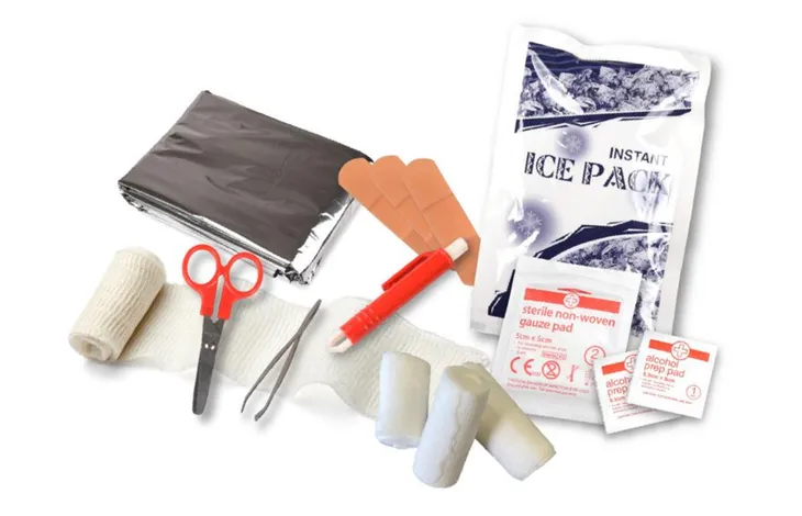 EHBO-kit met verband, gaas, ijszak, schaar, handschoenen en kompres