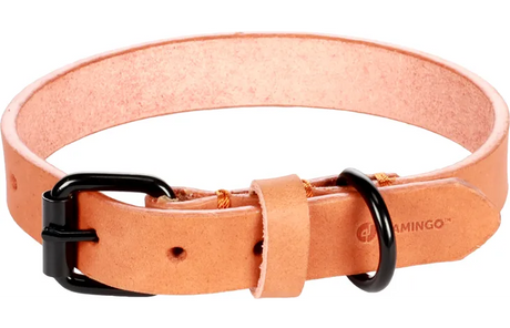Cognac lederen halsband met zwarte gesp en Flamingo-logo