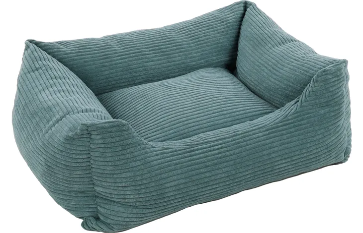 Rechthoekige fluwelen mand voor huisdieren, blauw, met ribstructuur en opstaande rand.