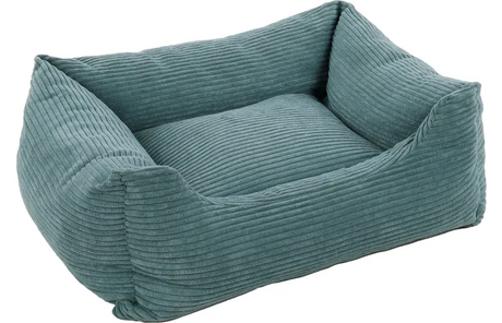 Rechthoekige fluwelen mand voor huisdieren, blauw, met ribstructuur en opstaande rand.