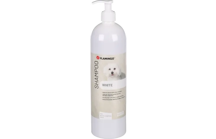Flamingo shampoo voor witte vacht in witte knijpfles met pomp