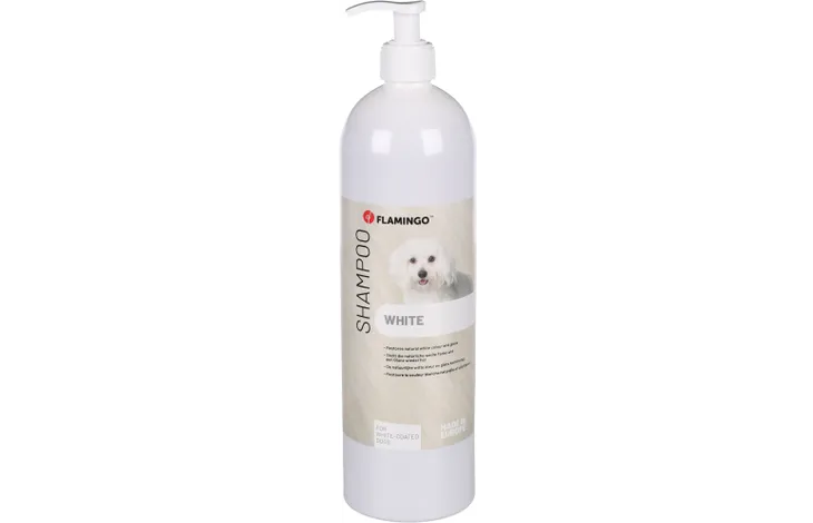 Flamingo shampoo voor witte vacht in witte knijpfles met pomp