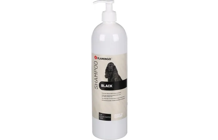 Flamingo shampoo fles voor black, met witte pompdop en etiket