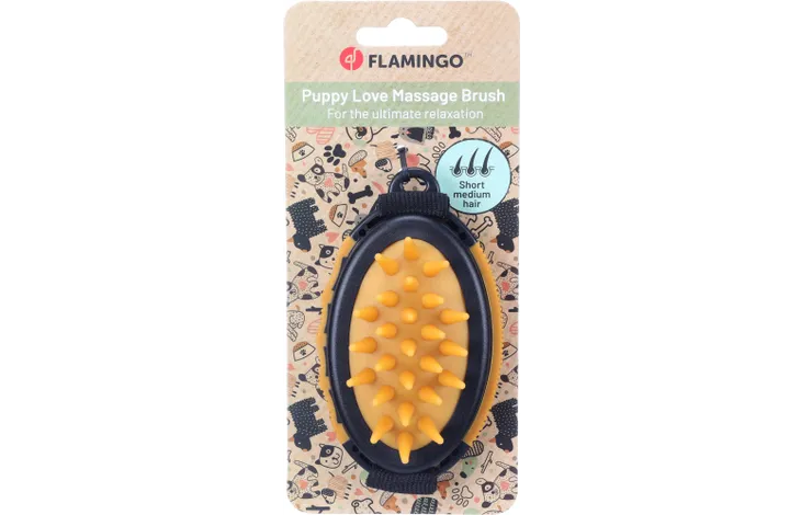 FLAMINGO puppy love massageborstel, zwarte borstel met gele pennen