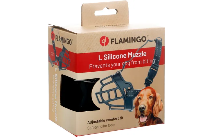 Flamingo muilkorf honden – Zachte siliconen muilkorf hond verstelbaar – Maat L – Model Benzo Zwart