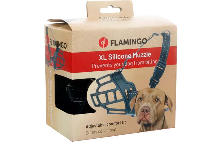 Flamingo muilkorf hond, XL siliconen, verstelbare zwarte muilkorf met riemen