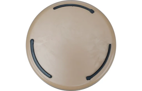Beige ronde eet- en drinkpot Yumi met blauwe handgrepen en roestvrijstalen rand