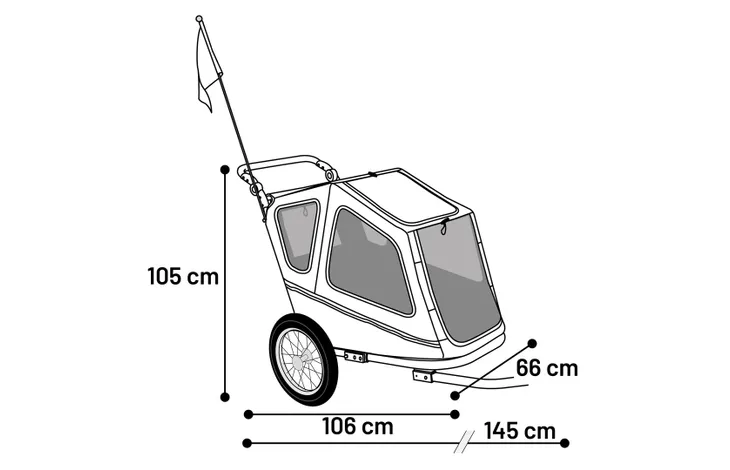 Fietkarafmetingen: 105 cm hoogte, 106 cm lengte, 66 cm breedte, 145 cm
