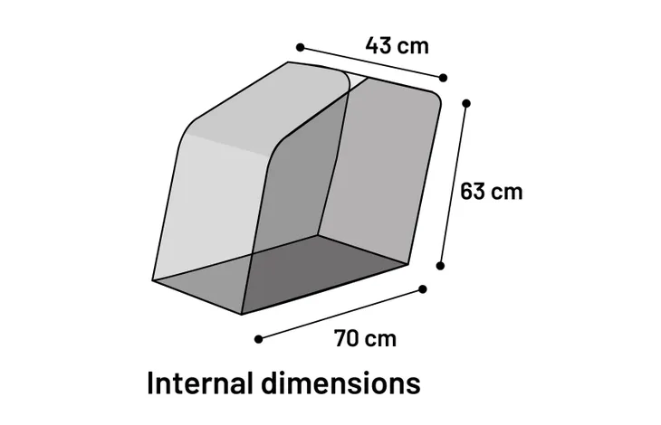 Interne afmetingen fietskar: 70 cm breed, 63 cm hoog en 43 cm diep