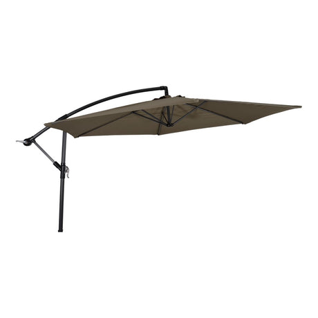 Taupe zweefparasol met zwarte frame, open doek en zijstangen