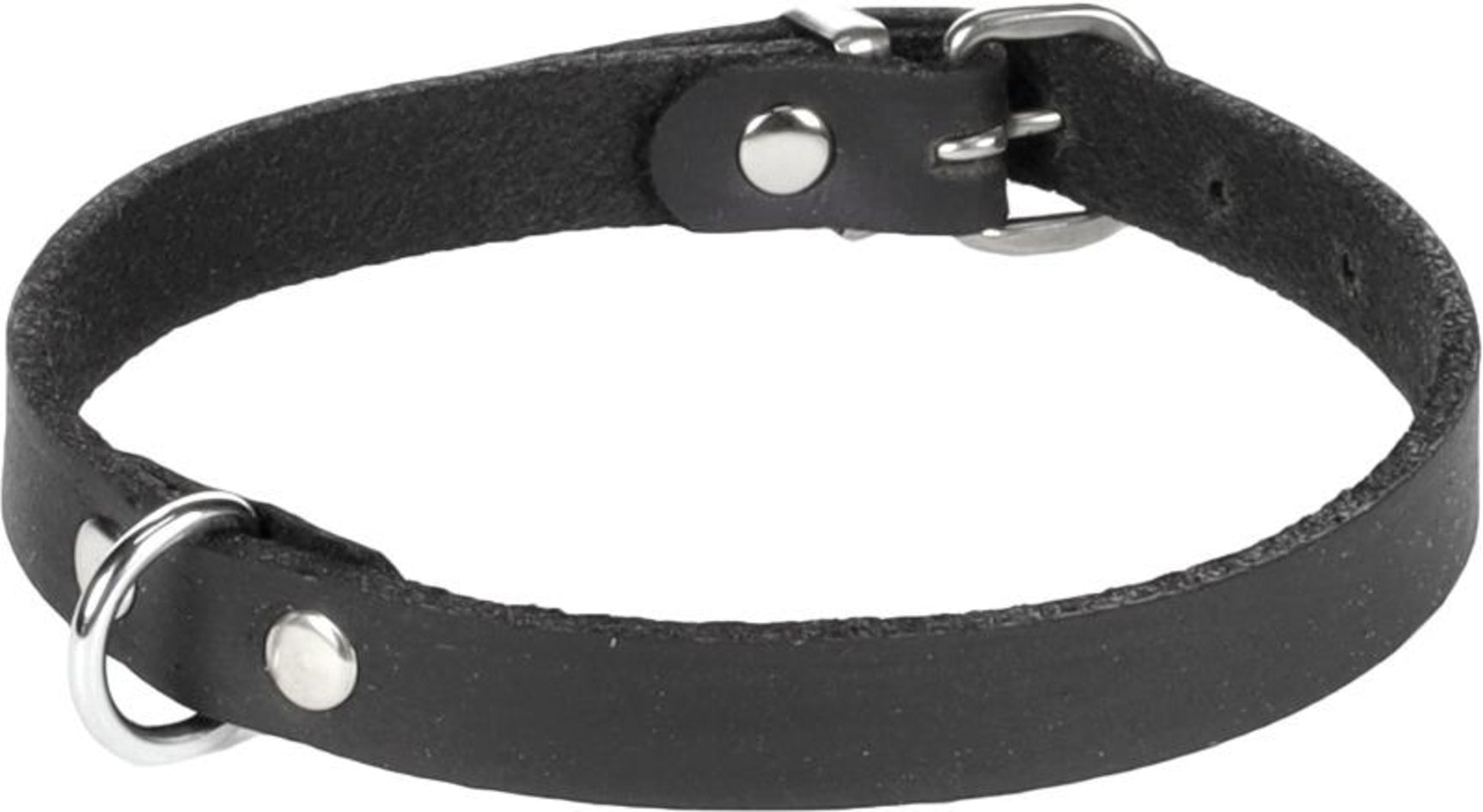 Halsband van zwart leer met metalen ringen en gesp