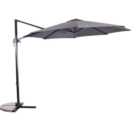 Grijze zweefparasol met ronde mast en uitklapbaar doek, brede schaduwkop