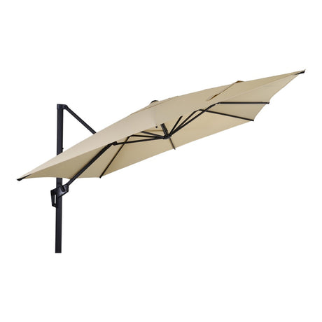 Zweefparasol Libra ecru met open doek in zijaanzicht en zwarte mast