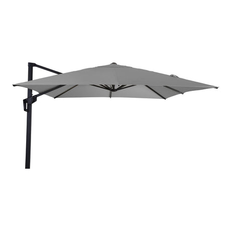 Grijze zweefparasol met vierkante doek en zwarte mast