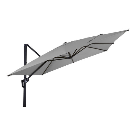 Grijze zweefparasol met open doek en zwarte zijsteun