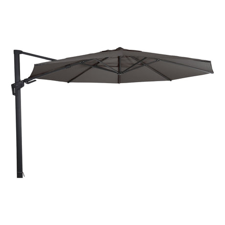 Zweefparasol met donkergrijze doek en zwarte steun, uitgeklapt, ronde zweefvorm.
