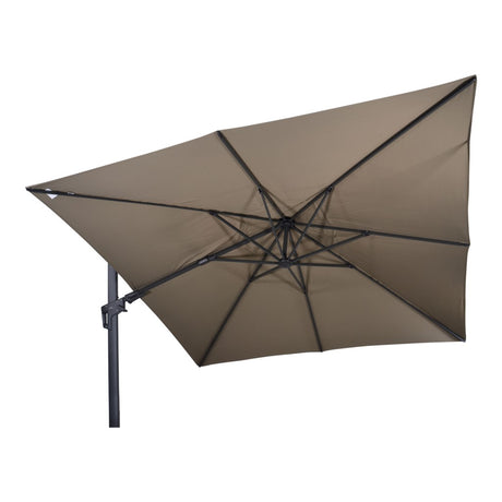 Taupe zweefparasol met gespannen panelen en metalen kruisconstructie